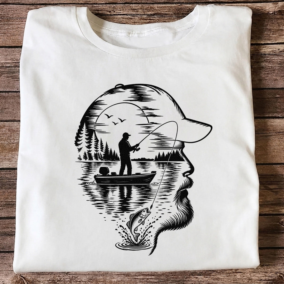 Bearded Angler Silhouette with Lake Fishing Scene Graphic T-Shirt