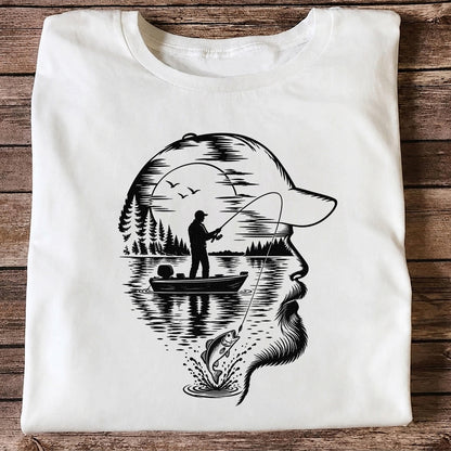 Bearded Angler Silhouette with Lake Fishing Scene Graphic T-Shirt