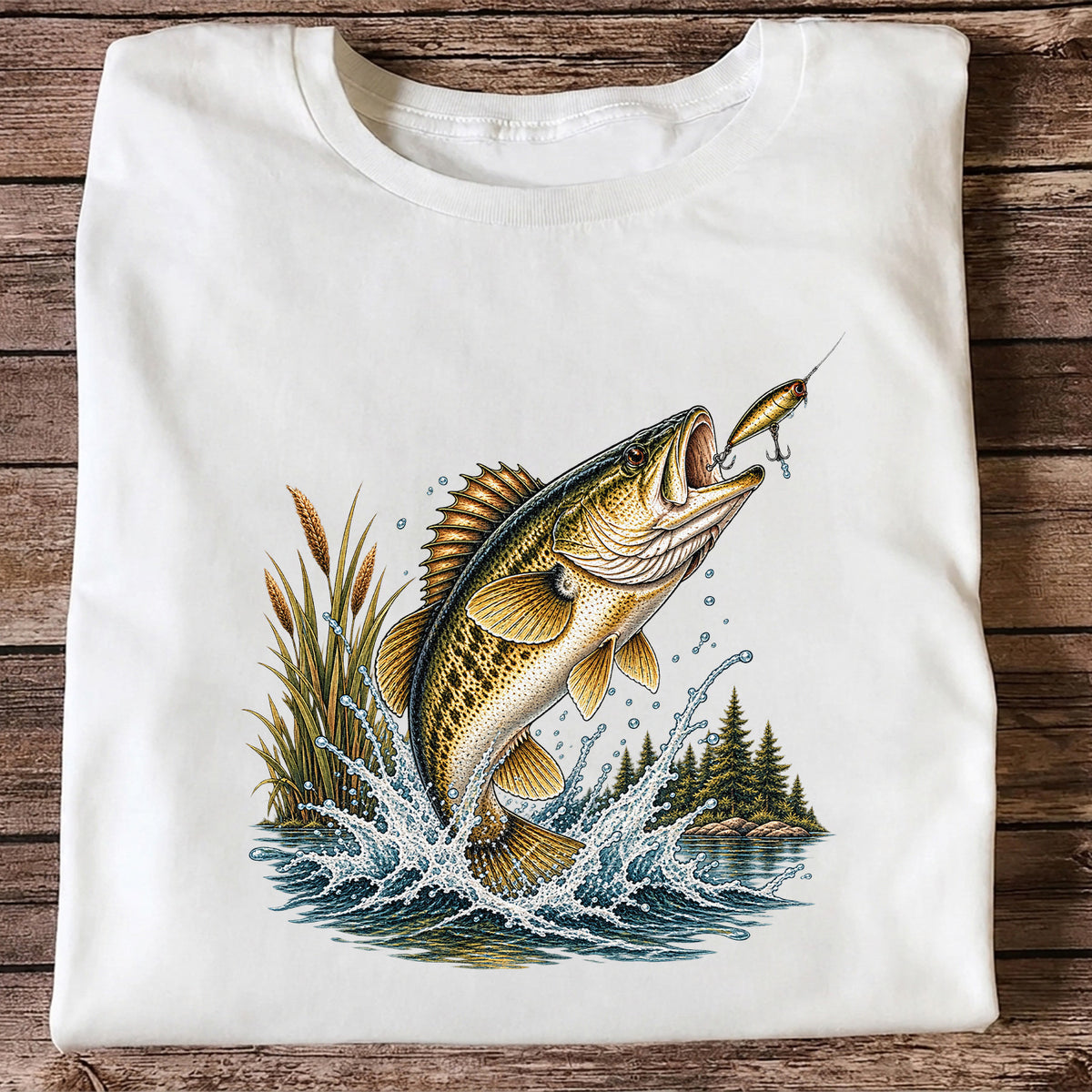 Jumping Bass Chasing a Lure Lake Fishing Graphic T-Shirt