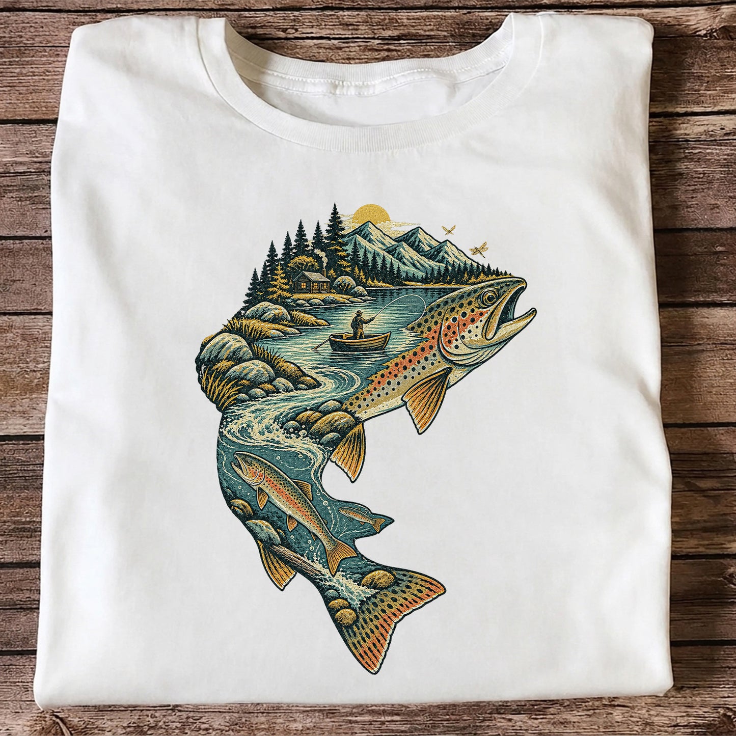 Vintage Brown Trout Mountain River Fly Fishing Graphic T-Shirt