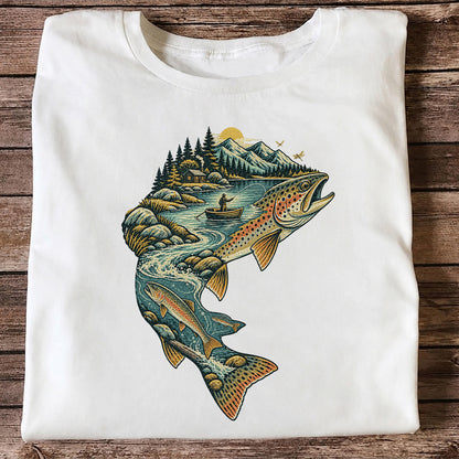 Vintage Brown Trout Mountain River Fly Fishing Graphic T-Shirt