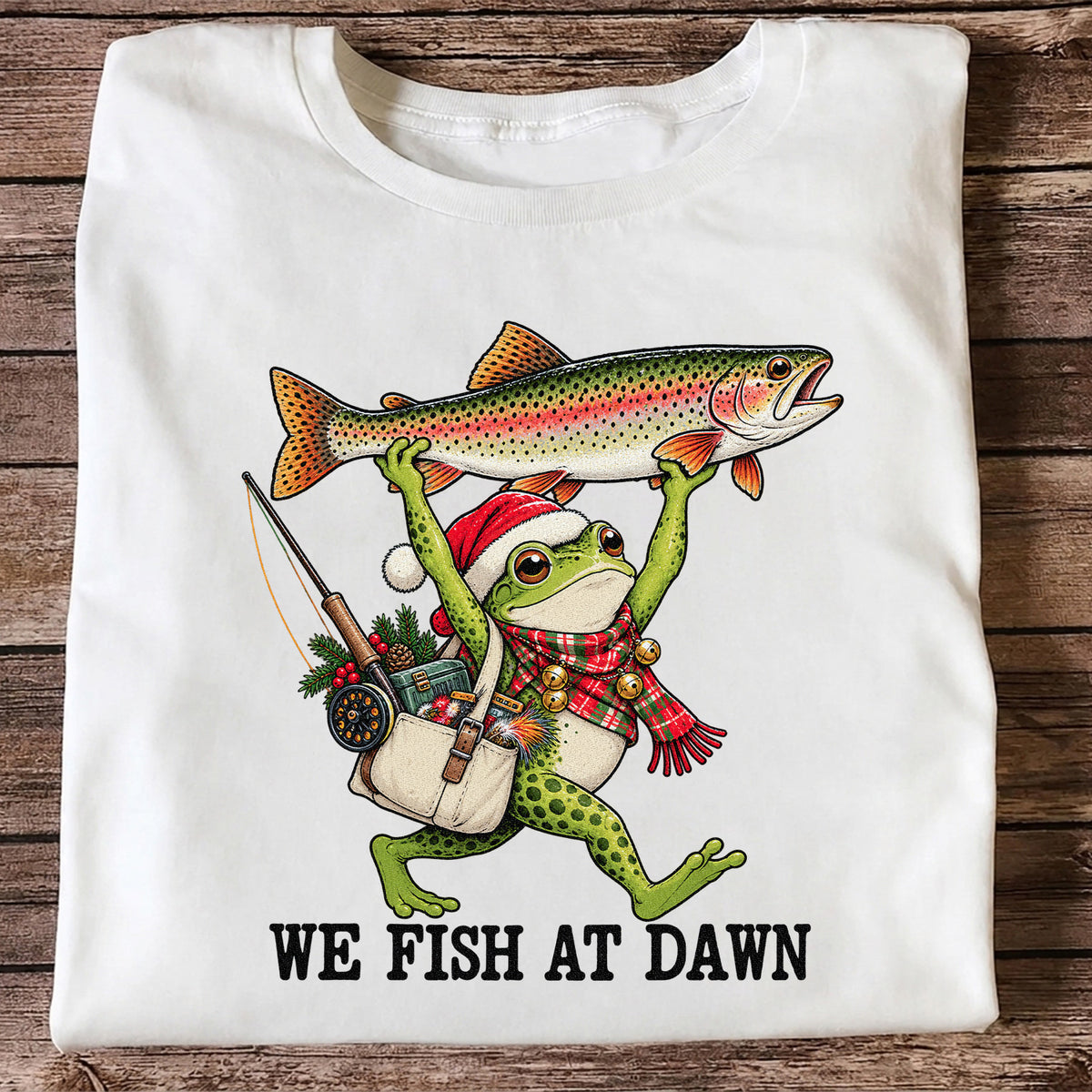 Frog Holding Rainbow Trout Fishing at Dawn Graphic T-Shirt