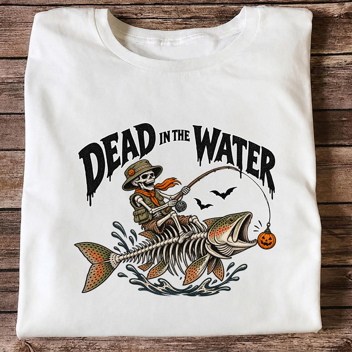Dead in the Water Skeleton Riding a Trout Halloween Fishing T-Shirt