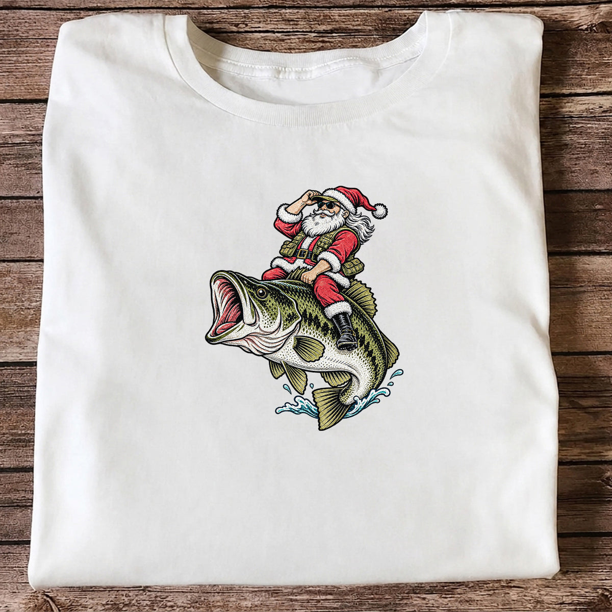 Santa Riding Largemouth Bass Christmas Fishing Graphic T-Shirt