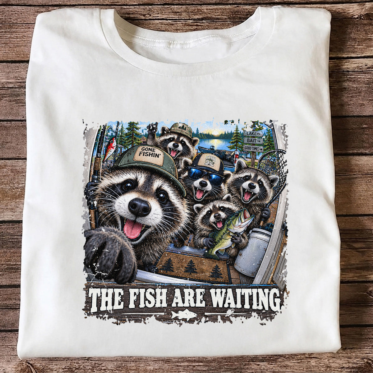 The Fish Are Waiting Raccoon Crew Funny Fishing T-Shirt