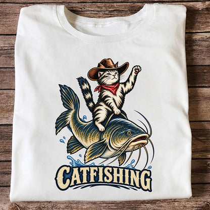 Catfishing Cowboy Cat Riding a Catfish Graphic T-Shirt