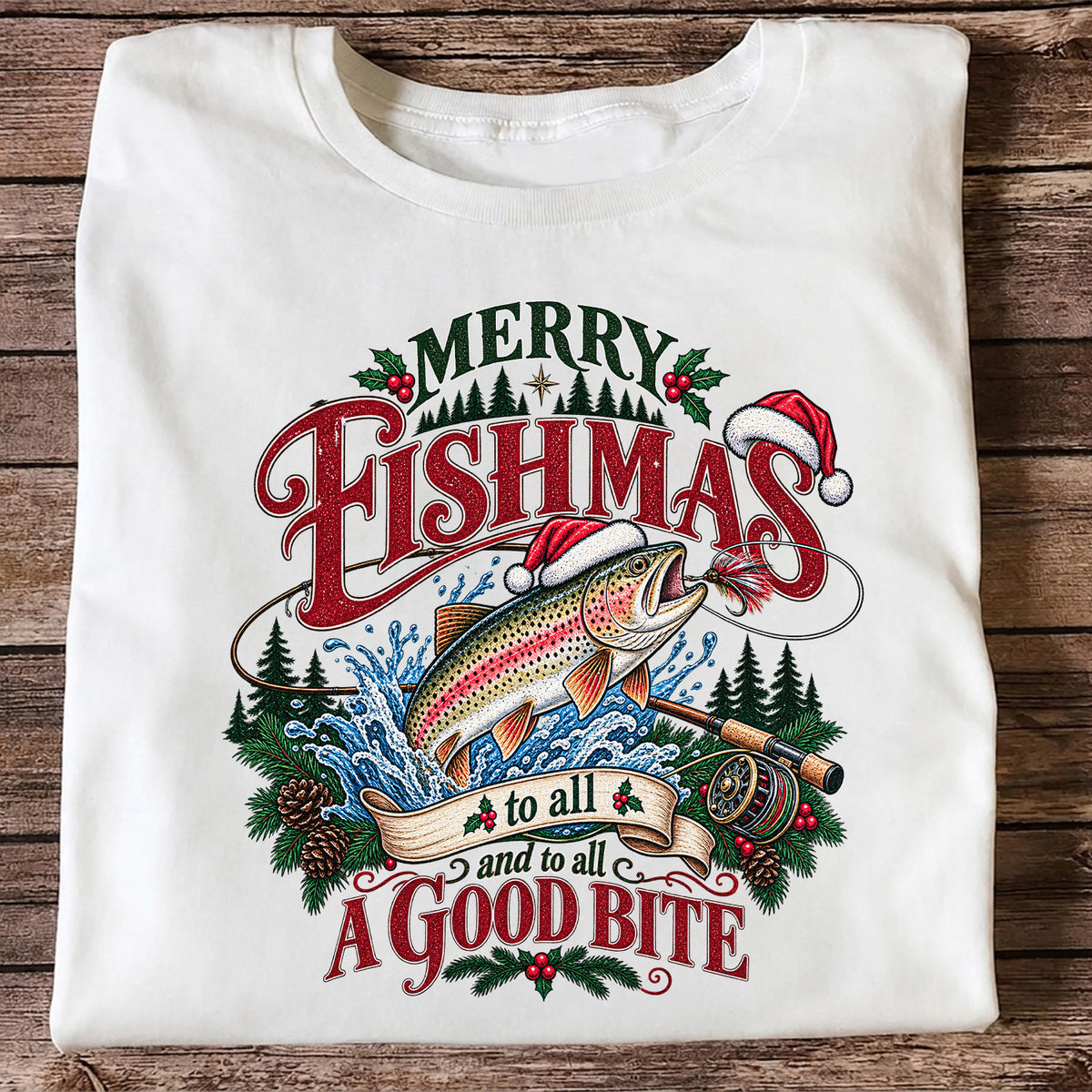 Merry Fishmas to All and to All a Good Bite Rainbow Trout T-Shirt