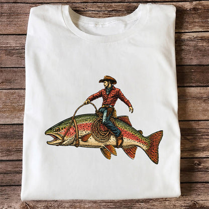 Cowboy Riding Rainbow Trout T-Shirt Vintage Western Fishing Tee
