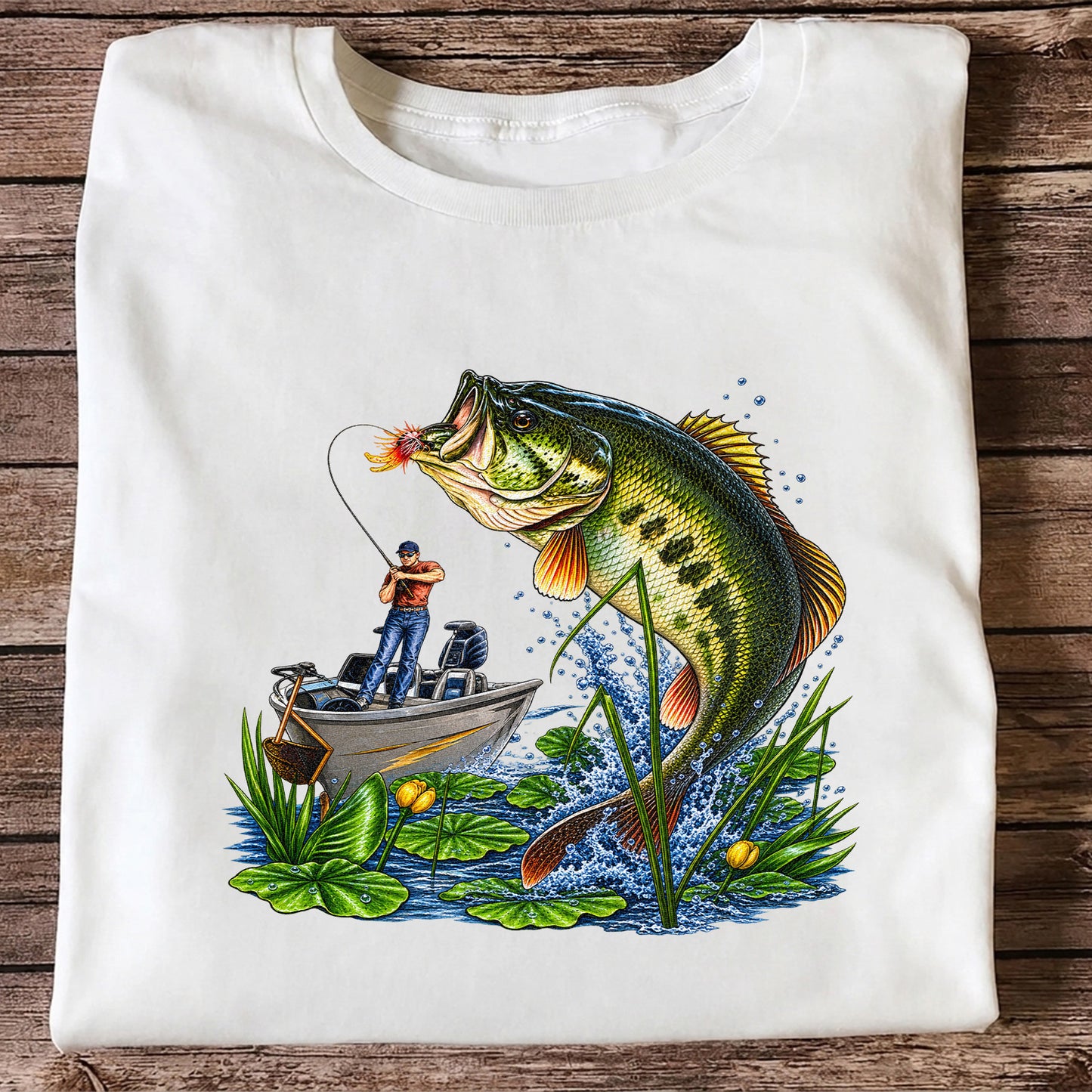 Largemouth Bass Leaping Beside Fishing Boat Graphic T-Shirt