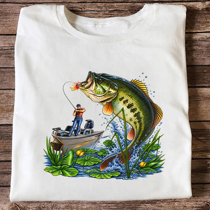 Largemouth Bass Leaping Beside Fishing Boat Graphic T-Shirt