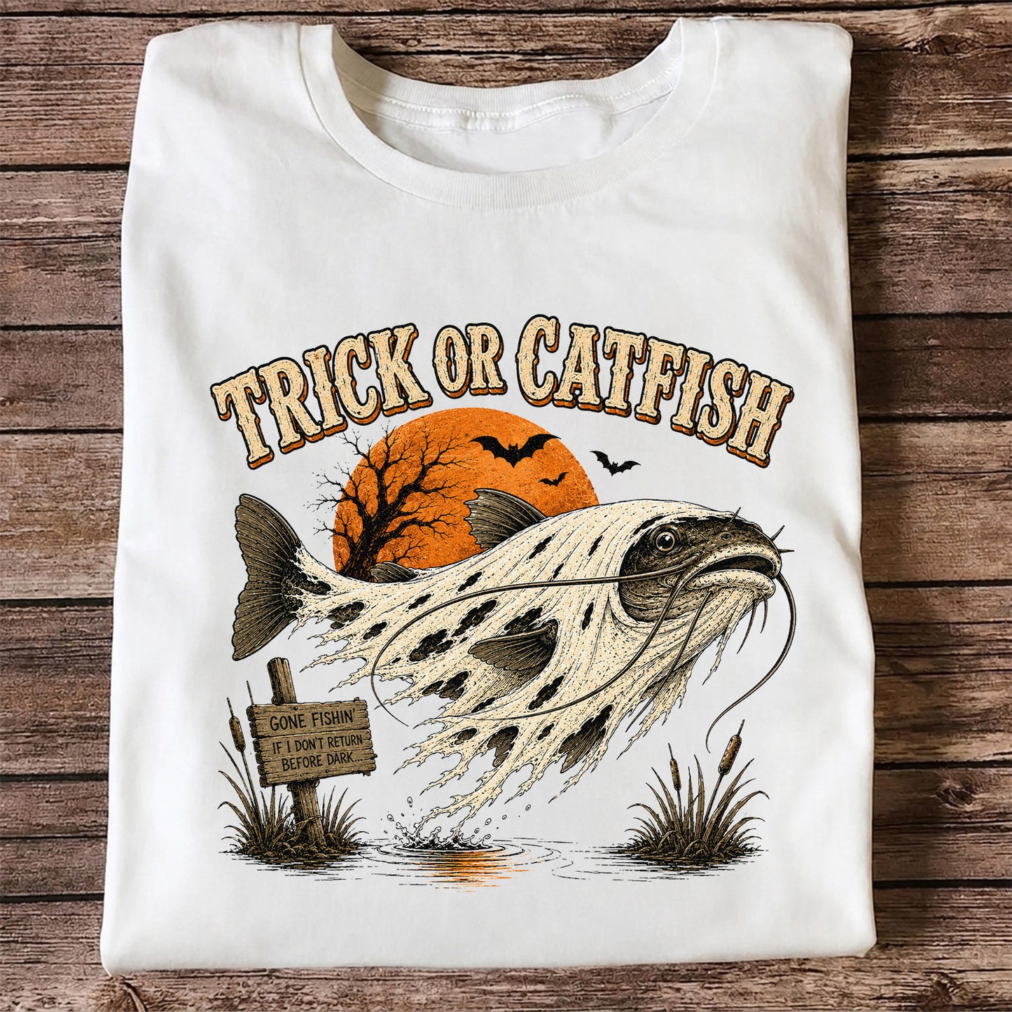 Trick or Catfish Halloween Fishing T-Shirt, Vintage Trout Angler Tee