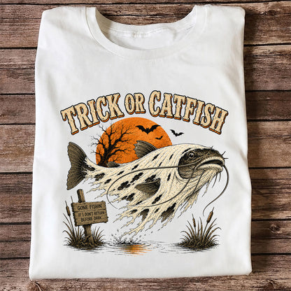Trick or Catfish Halloween Fishing T-Shirt, Vintage Trout Angler Tee