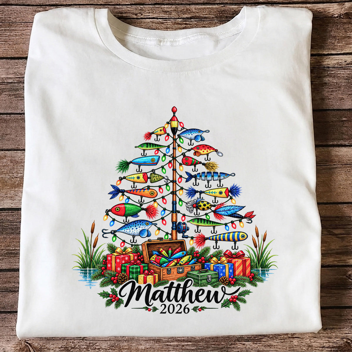 Personalized Christmas Fishing Lure Tree Name Graphic T-Shirt