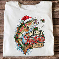 Merry Troutmas Tight Lines Bright Times Santa Hat Rainbow Trout Fishing T-Shirt