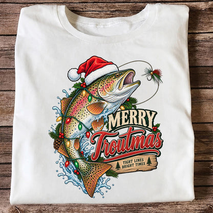 Merry Troutmas Tight Lines Bright Times Santa Hat Rainbow Trout Fishing T-Shirt