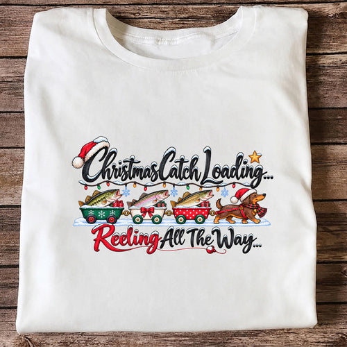 Christmas Fishing Train with Trout and Dog Graphic T-Shirt