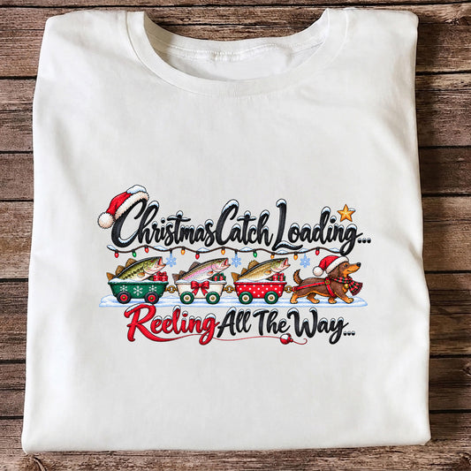 Christmas Fishing Train with Trout and Dog Graphic T-Shirt