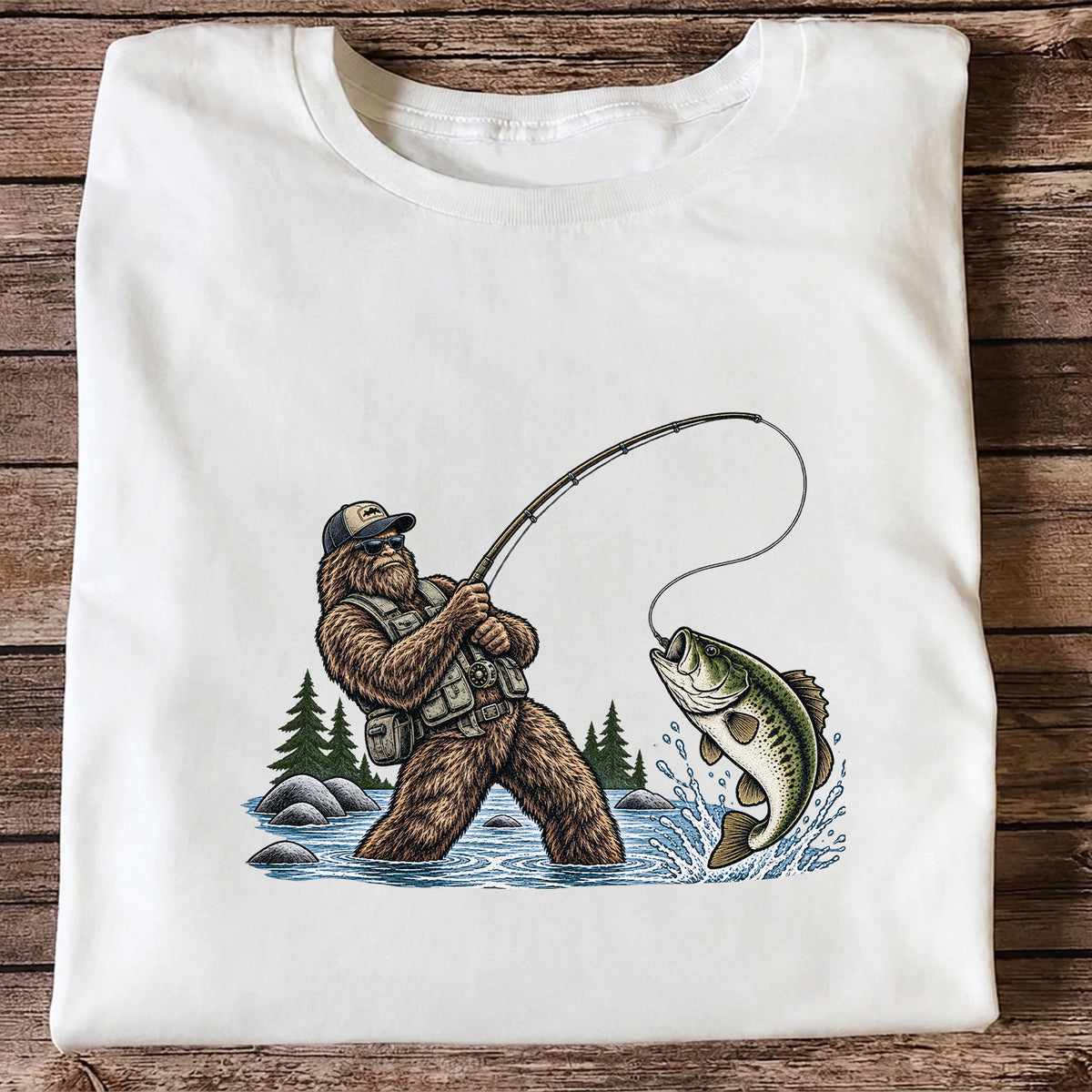 Bear Catching Bass Fishing Graphic T-Shirt