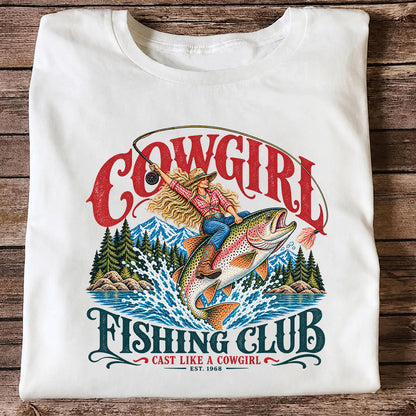 Cowgirl Riding Trout Fishing Club Graphic T-Shirt