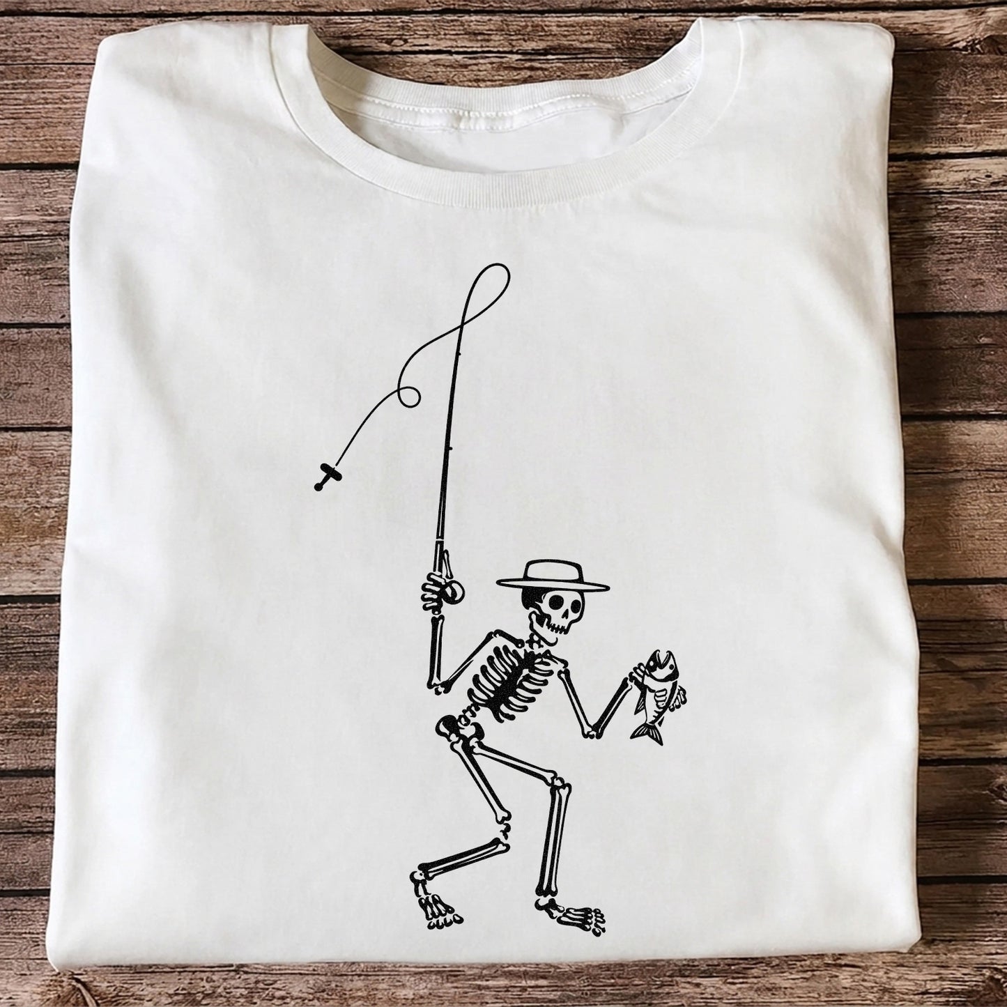 Skeleton Angler Holding a Fish Line Art Fishing T-Shirt