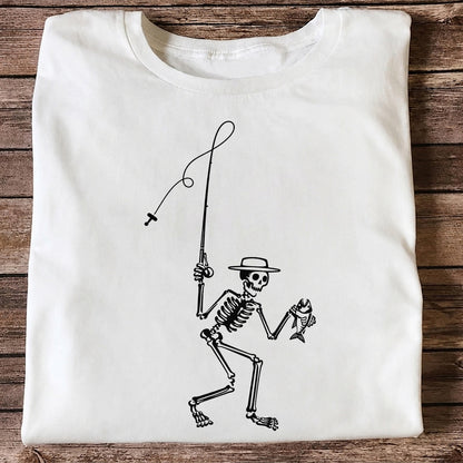 Skeleton Angler Holding a Fish Line Art Fishing T-Shirt