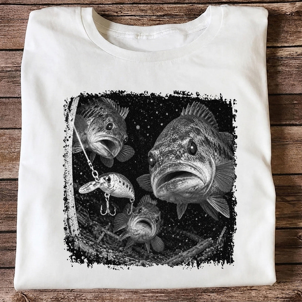 Vintage Bass Fishing Graphic T-Shirt with Underwater Fish Artwork