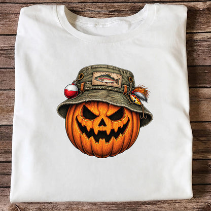 Halloween Pumpkin in a Trout Fishing Hat Graphic T-Shirt