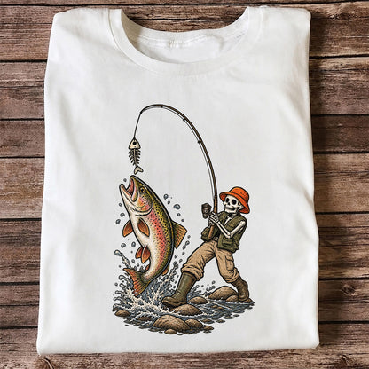 Skeleton Angler Catching Trout Dark Humor Fishing T-Shirt
