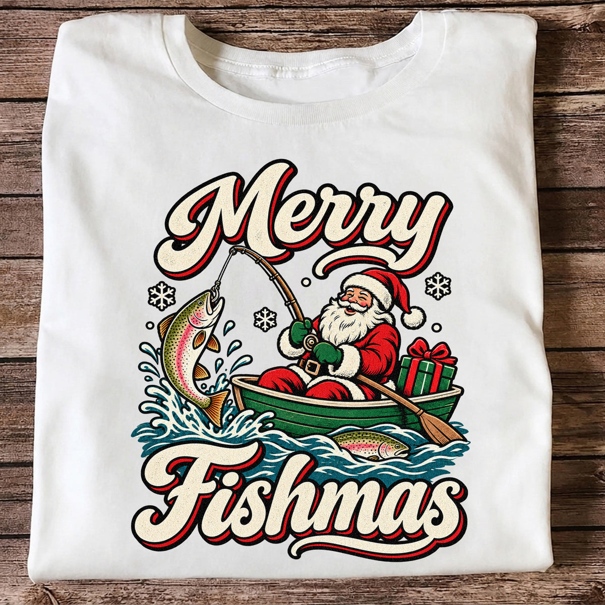 Merry Fishmas Santa Catching Rainbow Trout in a Boat Fishing T-Shirt