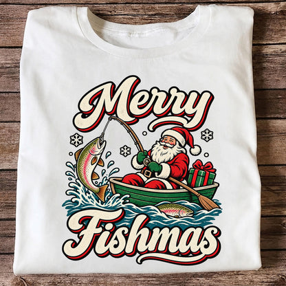 Merry Fishmas Santa Catching Rainbow Trout in a Boat Fishing T-Shirt