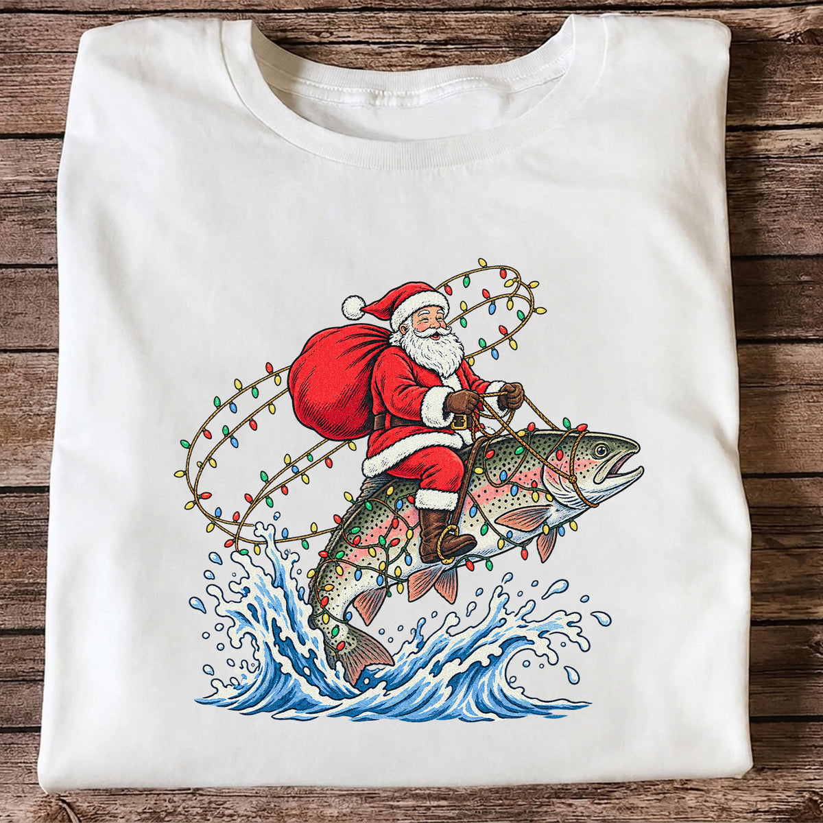 Santa Riding a Christmas-Lighted Rainbow Trout Fishing Graphic T-Shirt