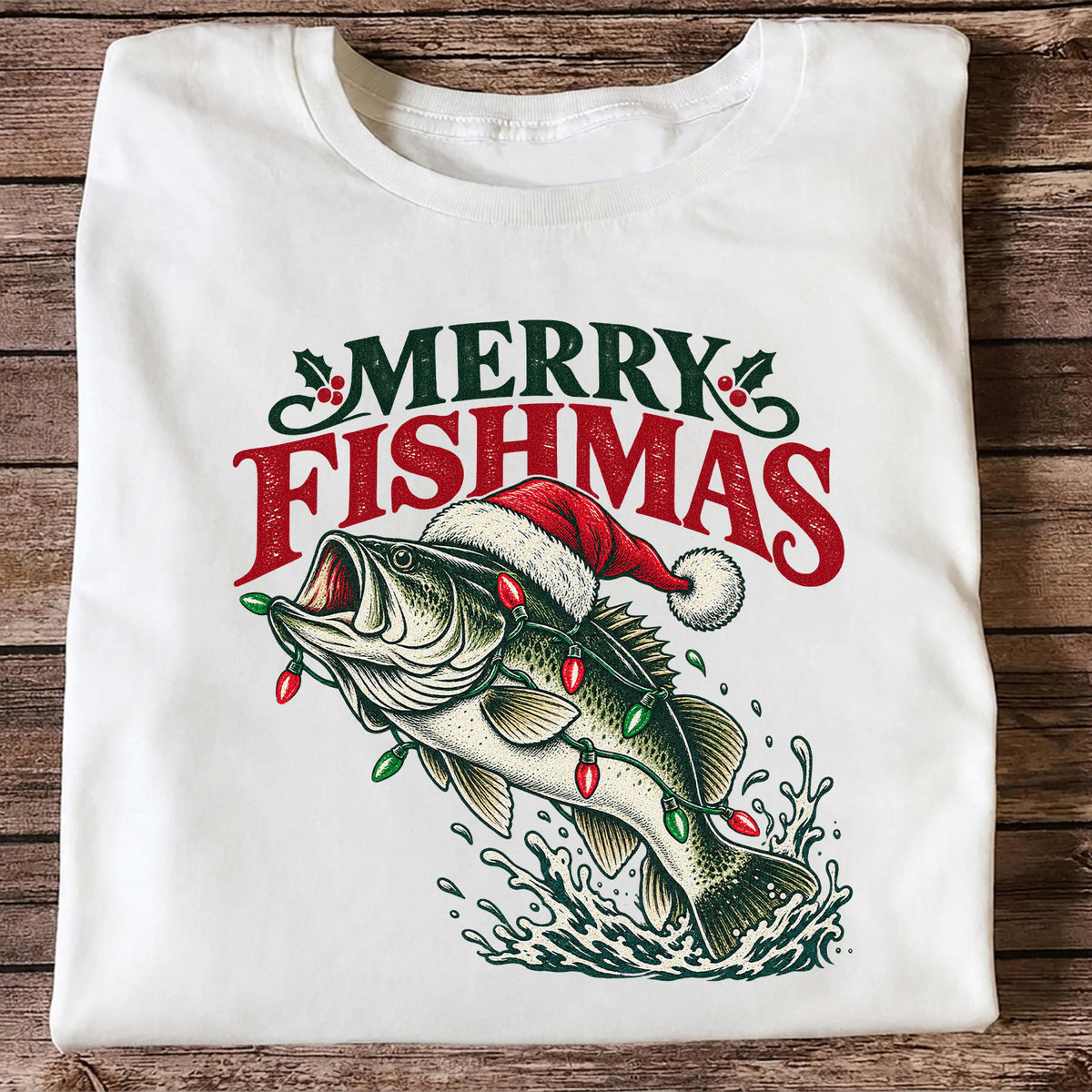 Christmas Bass Fishing Graphic T-Shirt with Santa Hat