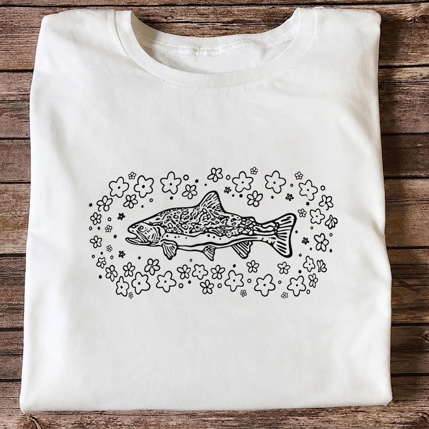 Brown Trout Surrounded by Wildflowers Fishing Graphic T-Shirt