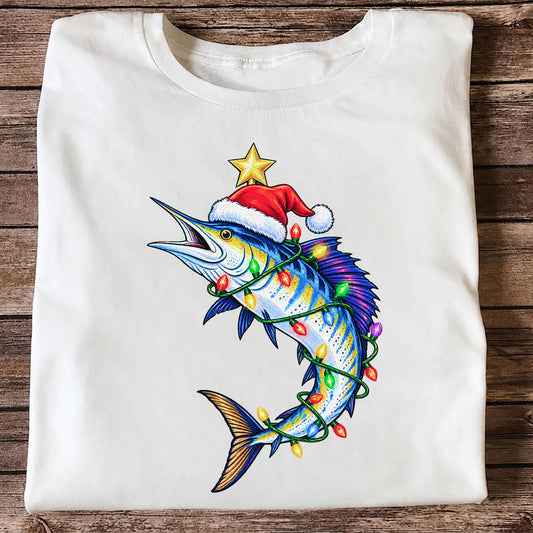 Christmas Marlin Wrapped in Lights Fishing T-Shirt