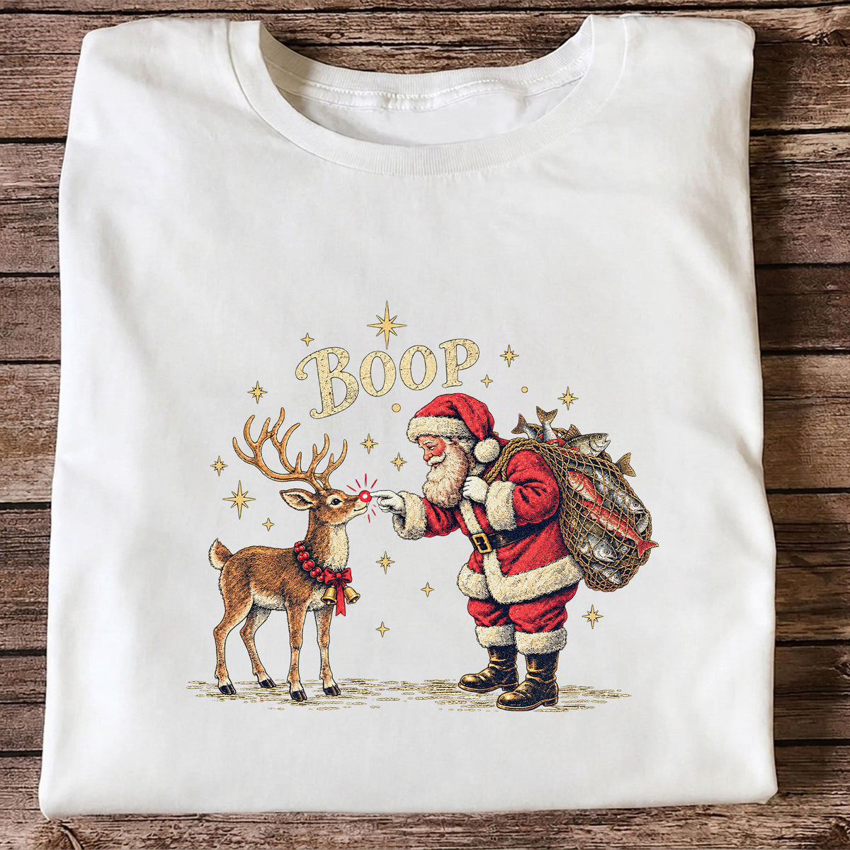 Santa and Reindeer Fishing Christmas Graphic T-Shirt