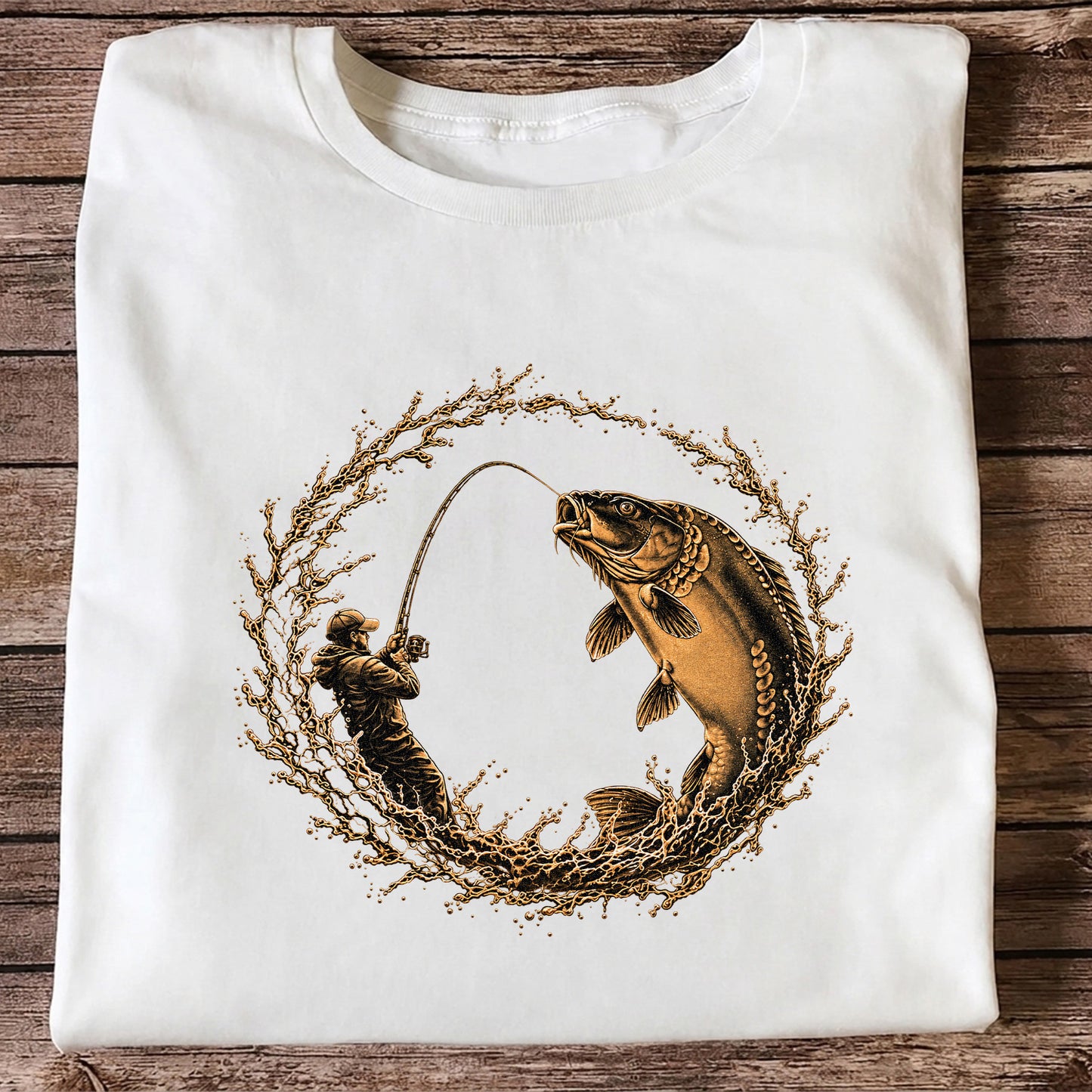 Carp Angler in Circular Water Splash Fishing Graphic T-Shirt