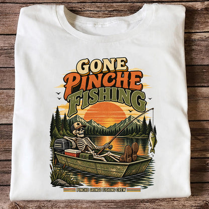 Gone Pinche Fishing Skeleton in a Boat Retro Graphic T-Shirt