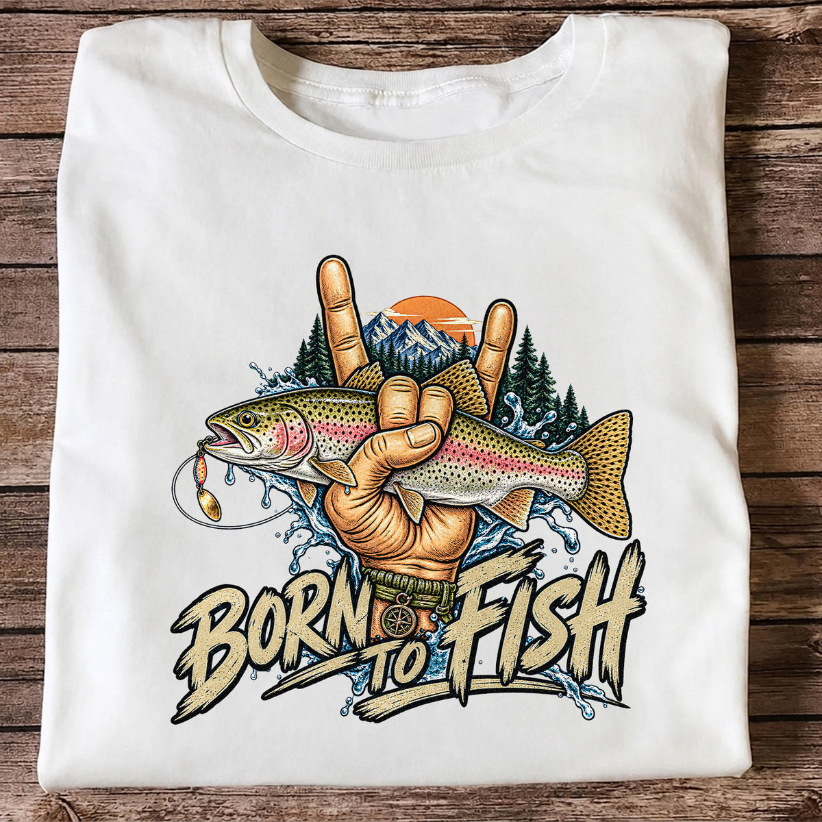 Born to Fish Rainbow Trout Rock Hand Sign Fishing T-Shirt