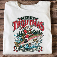 Merry Troutmas Santa Riding a Rainbow Trout Christmas Fishing T-Shirt