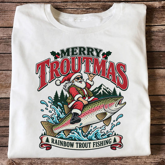 Merry Troutmas Santa Riding a Rainbow Trout Christmas Fishing T-Shirt