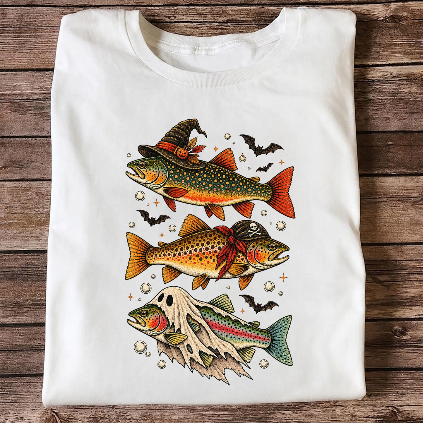 Halloween Trout Trio Witch Pirate and Ghost Fishing T-Shirt