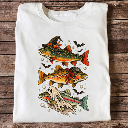 Halloween Trout Trio Witch Pirate and Ghost Fishing T-Shirt