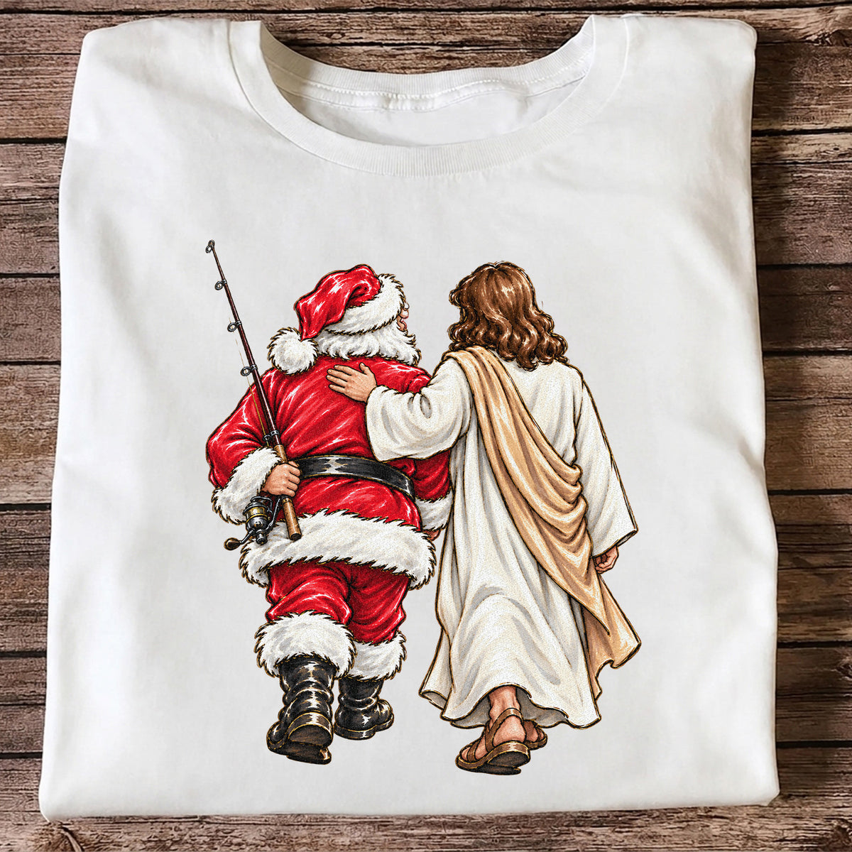 Santa and Robed Companion Fishing Graphic T-Shirt