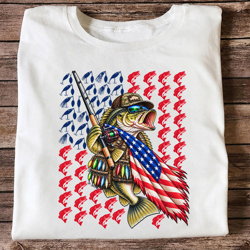 Patriotic Bass Fishing Graphic T-Shirt with American Flag Design