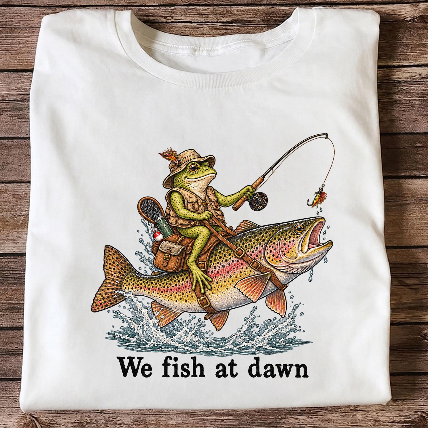 We Fish at Dawn Frog Riding a Rainbow Trout Funny Fishing T-Shirt