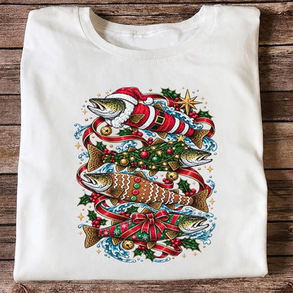 Santa and Gingerbread Trout Christmas Fishing Graphic T-Shirt