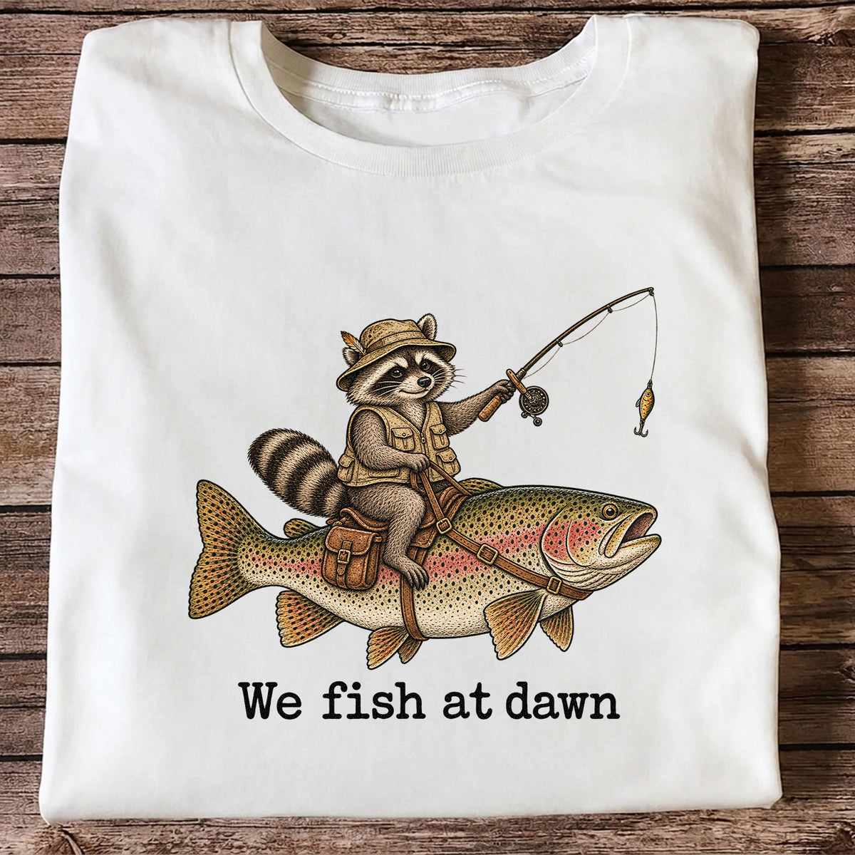 We Fish at Dawn Raccoon Riding a Rainbow Trout Fishing T-Shirt
