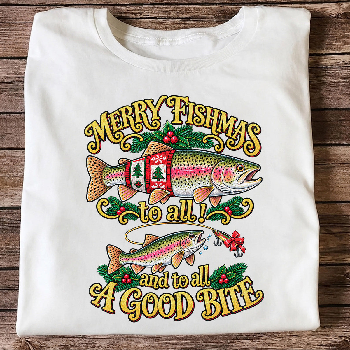 Merry Fishmas to All and to All a Good Bite Rainbow Trout Christmas Fishing T-Shirt