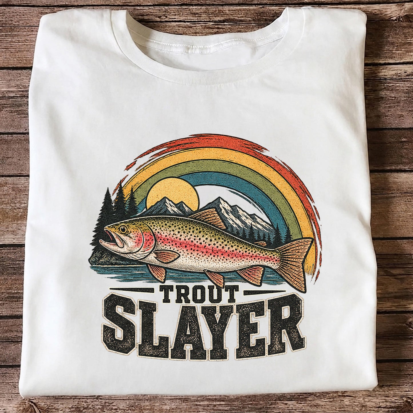 Trout Slayer Rainbow Trout Mountain Fishing Graphic T-Shirt