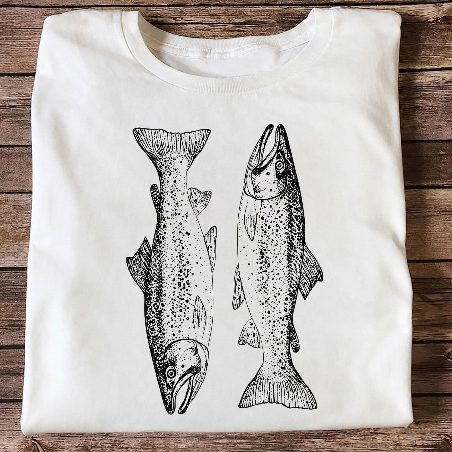 Two Salmon Vintage Line Art Fishing Graphic T-Shirt